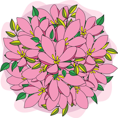 Illustration of the pink flower with leaves on soft pink background.のイラスト素材