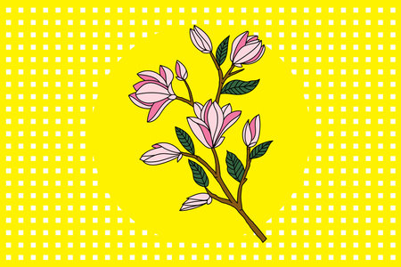 Illustration of Verbanica Saucer Magnolia flower are blooming on yellow circle and yellow dot background.のイラスト素材