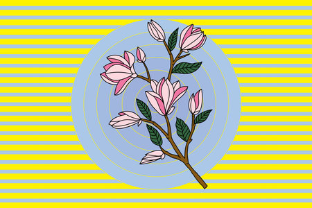Illustration of Verbanica Saucer Magnolia flower are blooming on blue circle on yellow line background.のイラスト素材