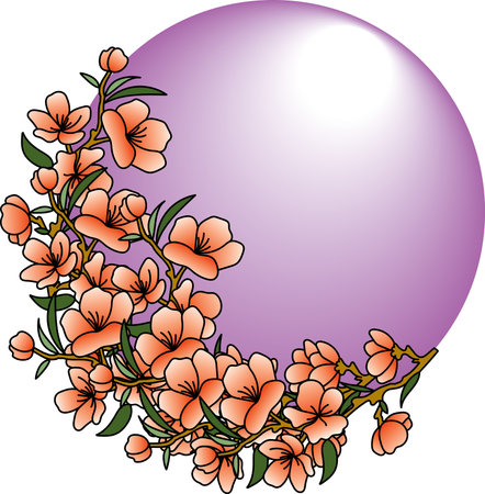 Illustration of orange flower on violet circle background.のイラスト素材