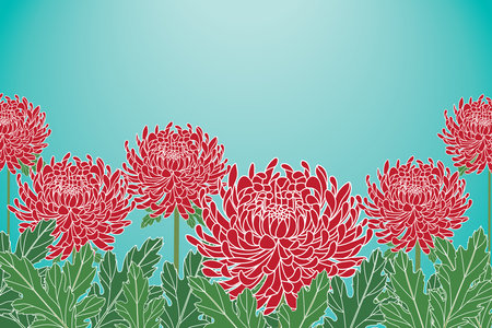 Illustration of Red Chrysanthemum flower with leaf on soft blue gradient background.のイラスト素材