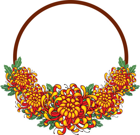 Illustration bouquet of Chrysanthemum flower with leaves and brown circle background.の写真素材