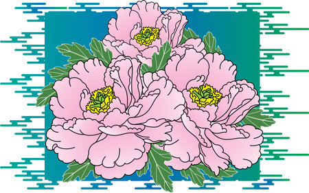 Illustration of the pink peony flower with leaves on blue background.のイラスト素材