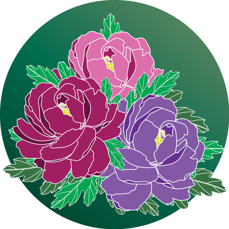 Illustration of the peony flower with leaves on green circle background.のイラスト素材