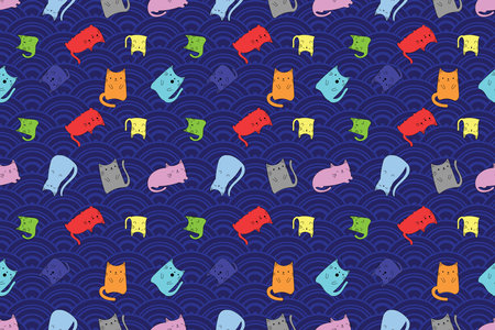 Illustration Pattern of the cats on japan wave with deep blue color background.のイラスト素材