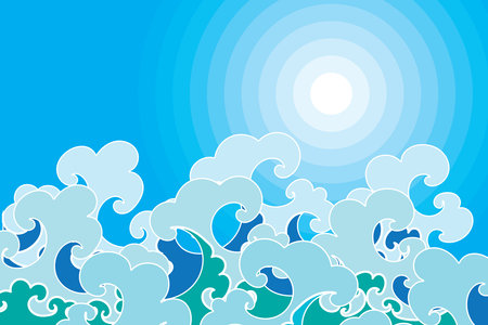 Illustration, Abstract wave with sun on blue sky background.のイラスト素材