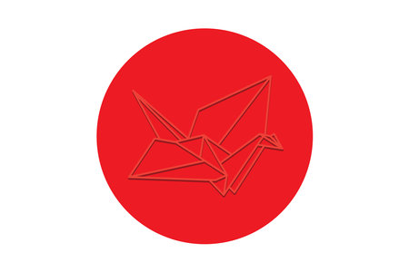 Illustration abstract out line of origami bird on red circle on white background.のイラスト素材