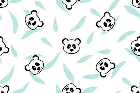 illustration pattern of panda head with bamboo leaves background.のイラスト素材