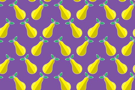 Illustration, pattern of Yellow pear fruit with leaf on violet background.のイラスト素材