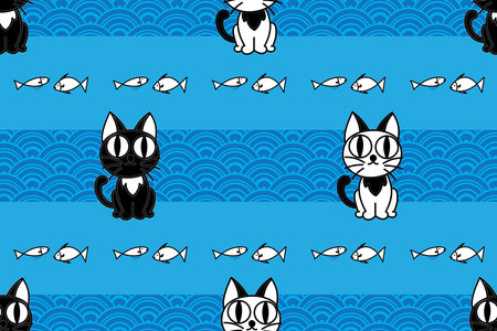 illustration pattern of Black and white cat with abstract wave and fish on blue background.のイラスト素材