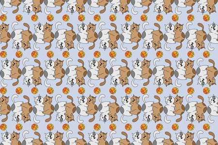 Illustration pattern of cats cudding with ball color on soft blue backgroundのイラスト素材