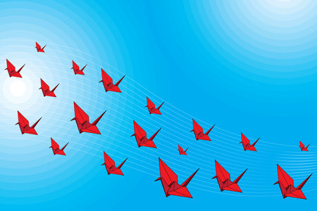 Illustration group of red origami bird flying with line and blue circle background.のイラスト素材