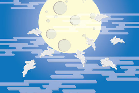 Illustration, Abstract of the mid autumn festival with fullmoon and rabbit on blue color background.のイラスト素材