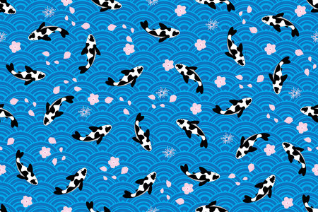 Illustration of koi fish on with pink flower on soft blue wave background.のイラスト素材