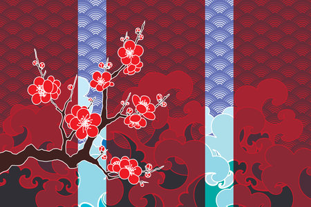 Illustration of the cherry blossoms flower on branch with wave background.のイラスト素材
