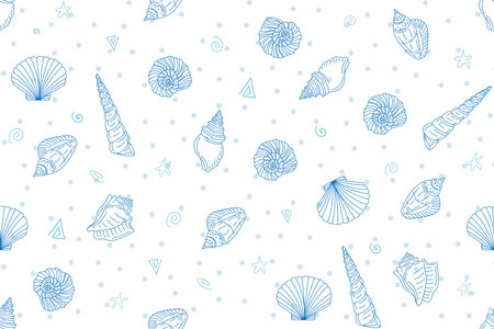Illustration pattern of Shell line with dot blue color on white background.のイラスト素材