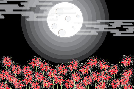 illustration Abstract of red spider lily flower with full moon on black background.のイラスト素材