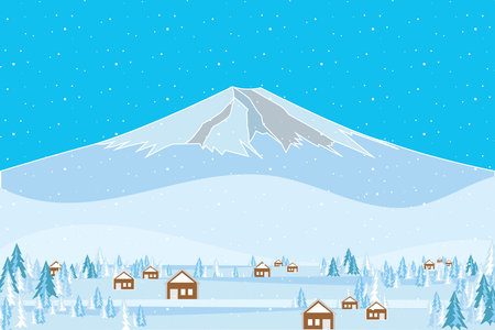Illustration of the mountain and mini house and pine tree with snow fall.のイラスト素材