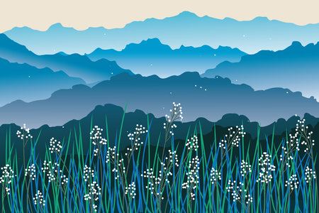 Illustration of flower grass with gradient mountain background.のイラスト素材