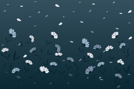 Illustration of the flower with the wind blows petals on gradient deep blue background.のイラスト素材