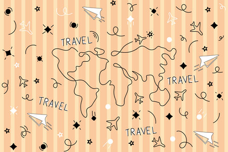 Illustration abstract line of map and airplane with line and star on soft brown background.のイラスト素材