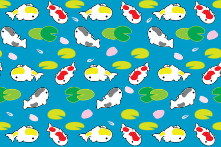 Illustration pattern of koi fish with lotus leaf and petal fall on blue background.のイラスト素材