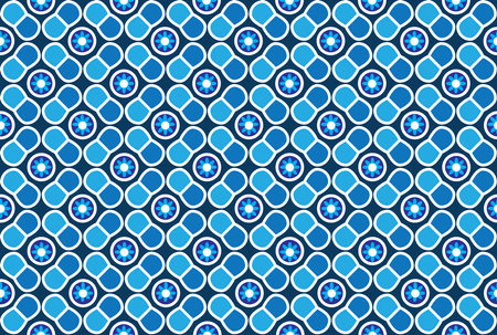 Illustration, pattern of flower in blue circle on deep blue background.のイラスト素材