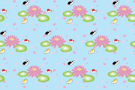 Illustration pattern of koi fish with lotus flower and leaf and petal fall on blue background.のイラスト素材