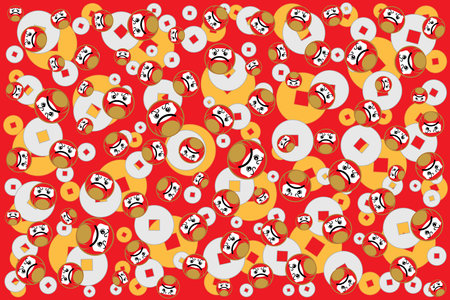 Illustration, The Daruma doll with gold and silver lucky coin on red background.のイラスト素材