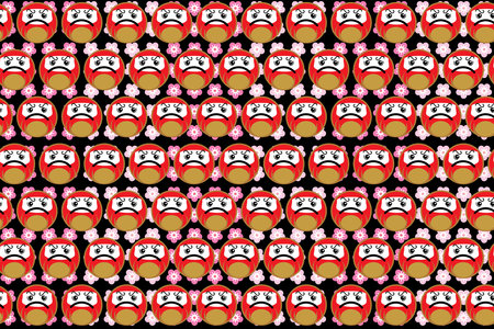 Illustration, pattern of daruma and sakura flower on black background.のイラスト素材
