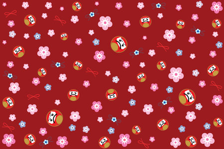 Illustration, pattern of the daruma japan dall with sakura flower on deep red background.のイラスト素材