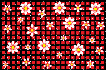 Illustration, pattern of white flower with white dot on black table and red background.のイラスト素材