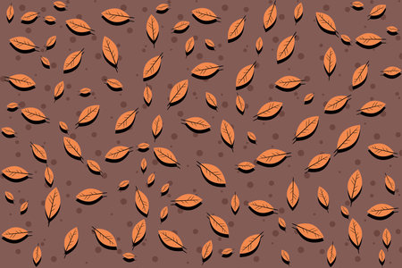 Illustration, pattern of brown leaf with shadow on dark brown and small circle background.のイラスト素材