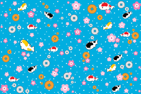 Illustration, pattern of koi fish with sakura flower, gold and silver lucky coin on blue background with white dot.のイラスト素材