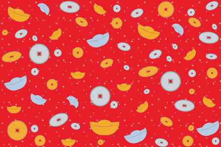 Illustration wallpaper, The gold and silver lucky coin with white dot on red background.のイラスト素材