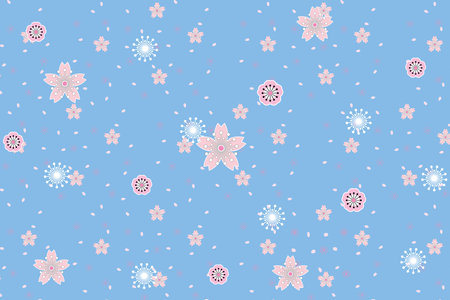 Illustration, pattern abstract of sakura flower and petals falling on light blue background.のイラスト素材
