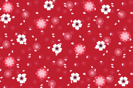 Illustration, pattern abstract of sakura flower and petals falling on red background.のイラスト素材