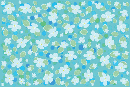 Illustration wallpaper of light blue hydrangea flower with leaves and blue circle on green background.のイラスト素材