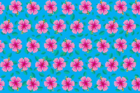 Illustration wallpaper of hibisscus flower with leaves on blue background.のイラスト素材
