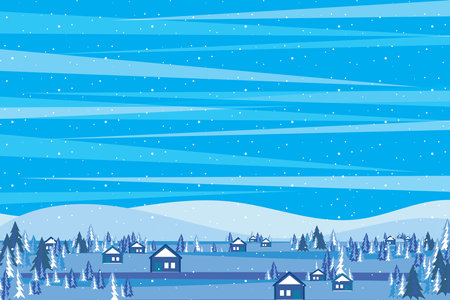 Illustration of the mountain and mini house and pine tree with snow fall.のイラスト素材