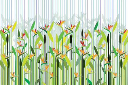 Illustration of Heliconia flower with leaf on shadow and line background.のイラスト素材