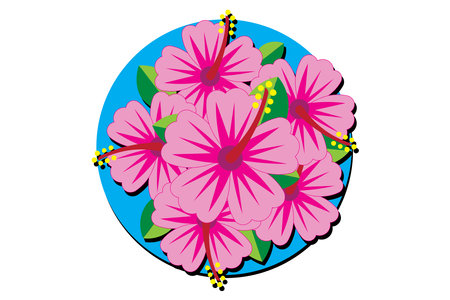 Illustration wallpaper of hibisscus flower with leaves on blue circle background.のイラスト素材