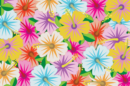 Illustration wallpaper of Multi color the hibisscus flower with leaves on green background.のイラスト素材