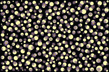 Illustration pattern of violet flower with soft yellow circle on black background.のイラスト素材