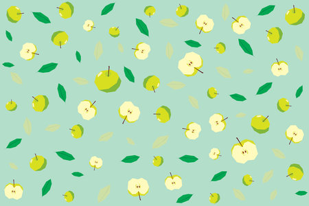 Illustration pattern of Green apple with leaf on soft green background.のイラスト素材