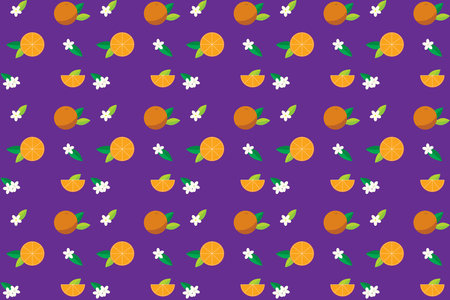 Illustration pattern, Abstract of orange fruit with leaf and flower on violet background.のイラスト素材