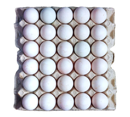 Fresh duck eggs collected from the farm are placed in a container of 30 eggs on a separate white...