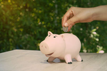 Abstract hand putting the coin in pig piggy bank on desk Ideas for earning a business income and saving for retirement planning.の写真素材