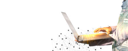 Business people use computers, strategic business planning ideas based on corporate vision, double...