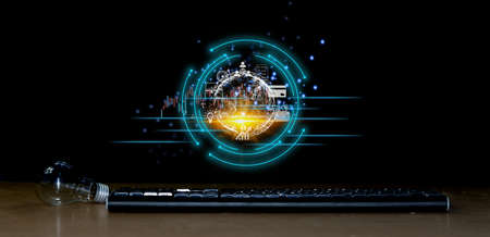 Abstract keyboard create virtual icons metaverse technology global internet connection for global business and digital marketing Digital Link Technology Finance and Banking on a black backgroundの写真素材
